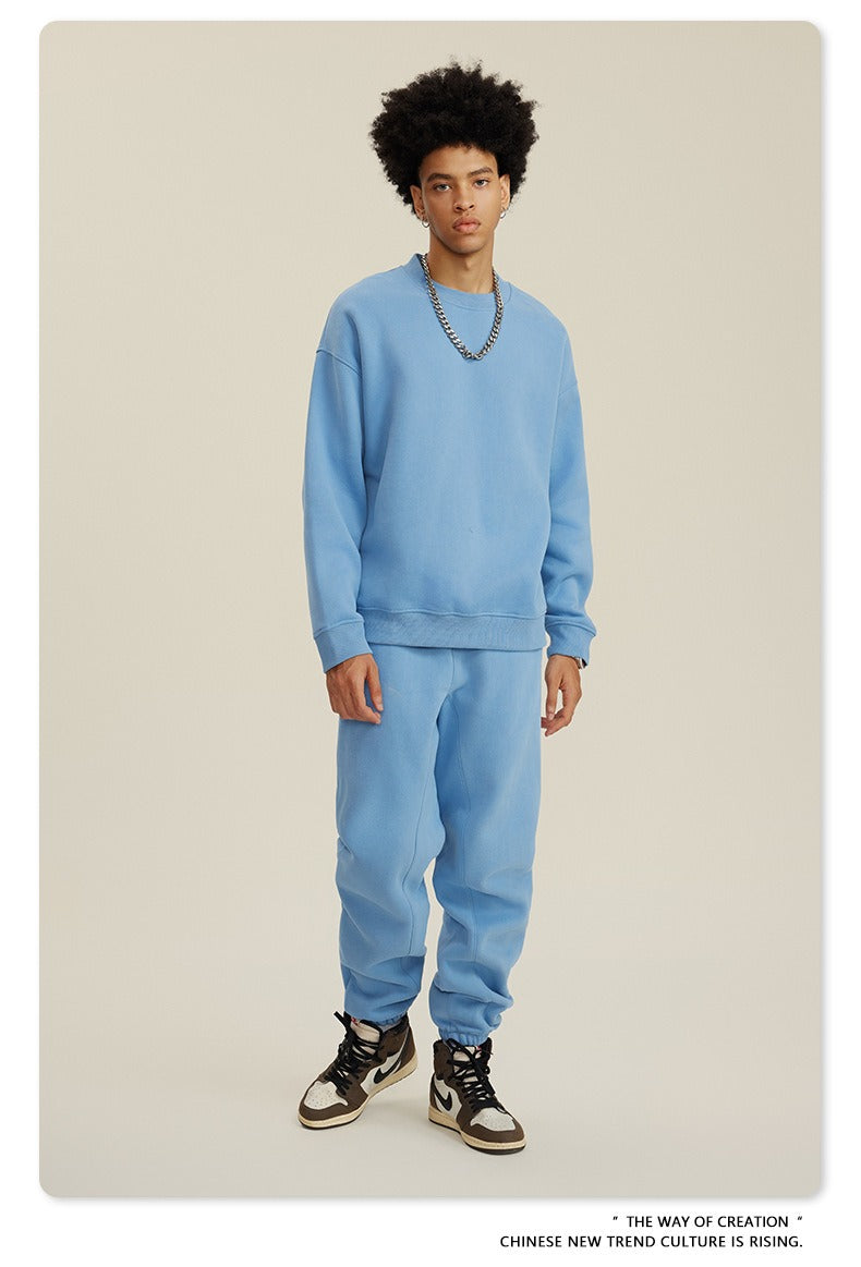 Blue Solid Color Round Neck Sweatshirt Set