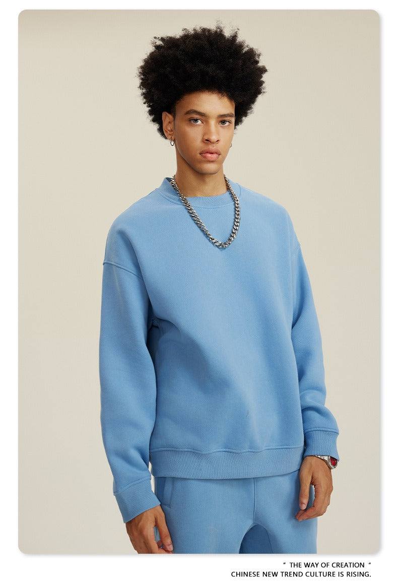 Blue Solid Color Round Neck Sweatshirt Set