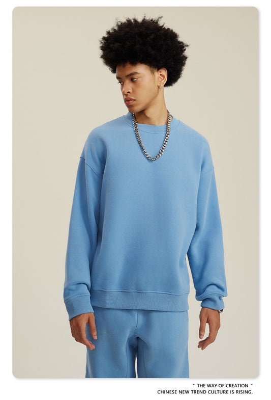 Blue Solid Color Round Neck Sweatshirt Set