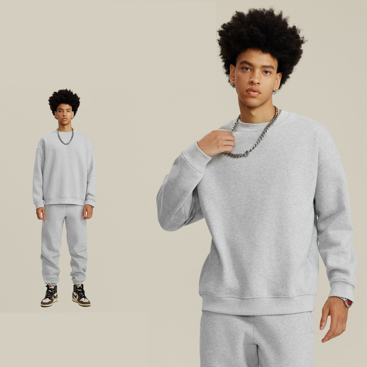 Grey Solid Color Round Neck Sweatshirt Set